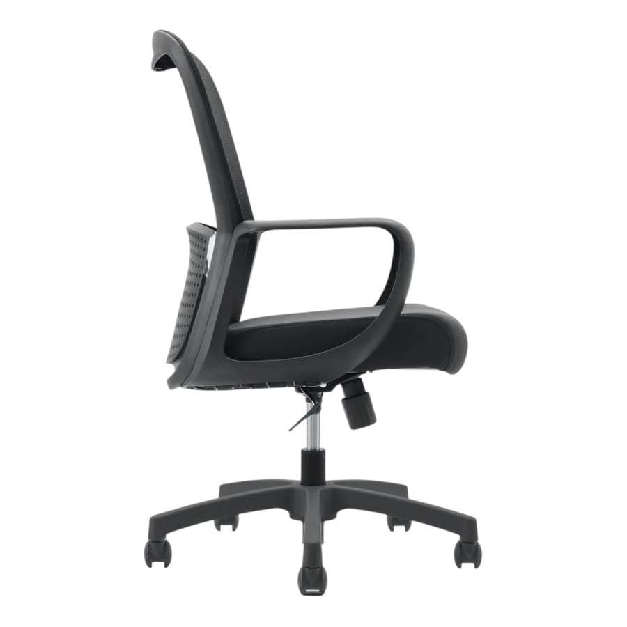 The Black Mesh Medium-Back Office Chair features a black mesh backrest, padded seat, chrome base, and nylon castors. Sleek ergonomic design with adjustable height and sturdy frame.