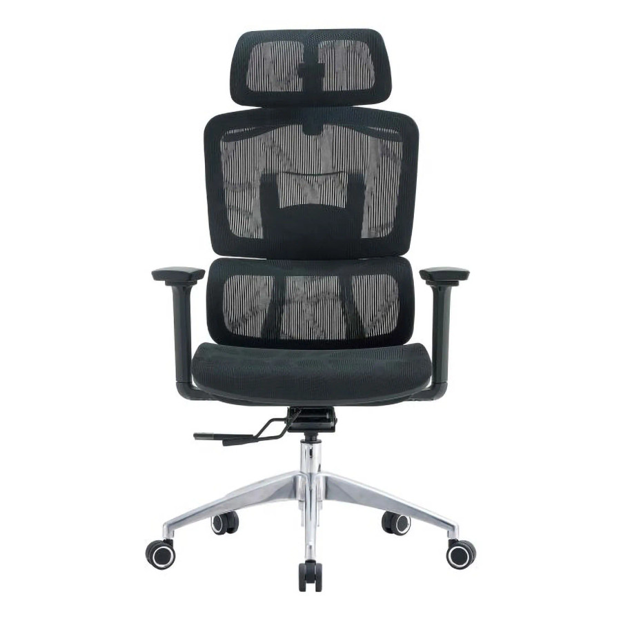 The Black Mesh with Aluminium Frame High-back Office Chair Features a Mesh Back, Adjustable Headrest, 3D Arms, and an Aluminium Base with Nylon Castors.