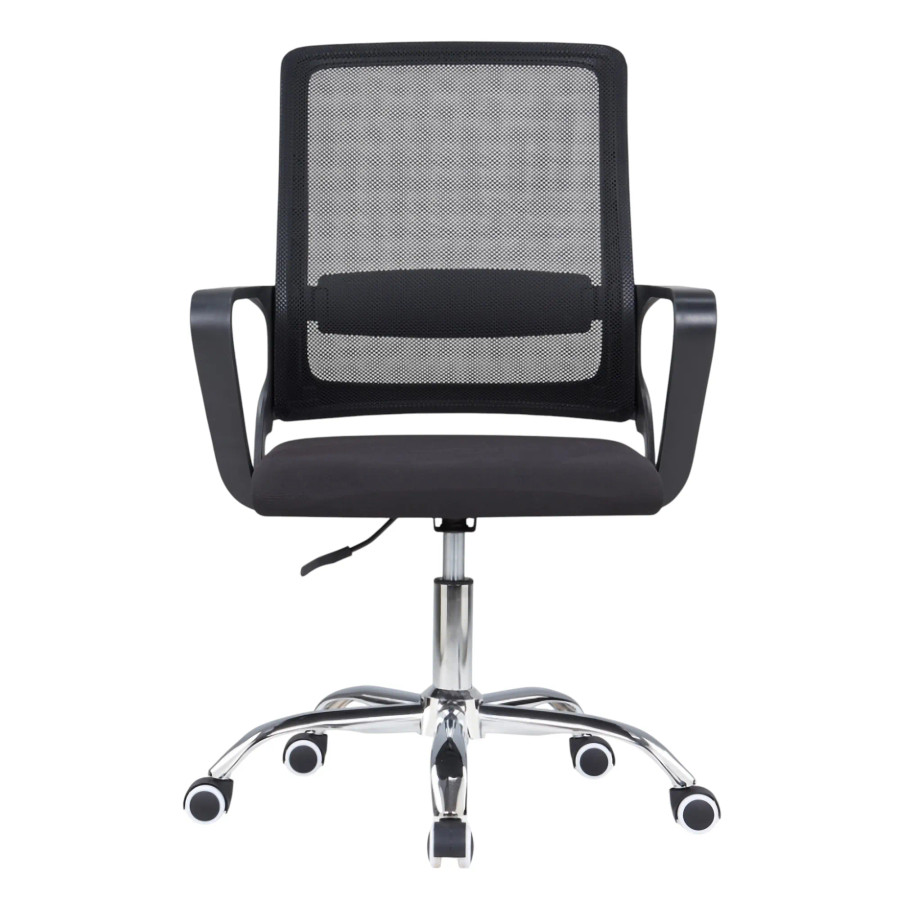 The Black Mesh with Chrome Frame Medium-Back Office Chair features a black mesh back, padded seat, and chrome star base.