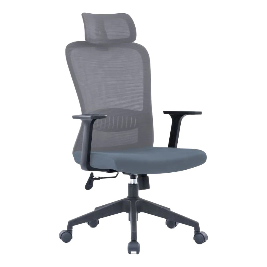 Grey Mesh Office Chair with Black Frame and Adjustable Headrest, from 67 Brand, Featuring High-back and Armrests, on Five Wheelbase. Adjustable Headrest Chair with Ergonomic Design and Sturdy Build for Comfort.