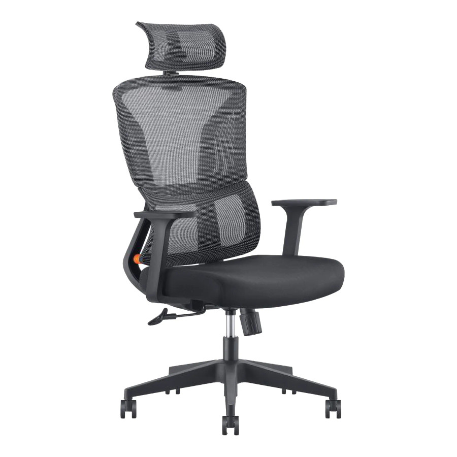 Black Mesh Office Chair with Adjustable Headrest and Black Nylon Frame, Ideal for Corporate Office Seating, Featuring High-back and Lumbar Support, from Brand 67, Showcasing Comfortable and Durable Design.