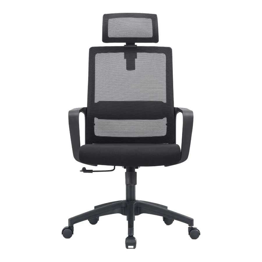 Black Mesh High-back Office Chair with Aluminium Frame, Adjustable Headrest and Armrests, on Five-Star Base with Castors, by 67, Featuring a Sturdy 20kg Ergonomic Design with Breathable Mesh Back and Seat, in a Sleek Black Finish.