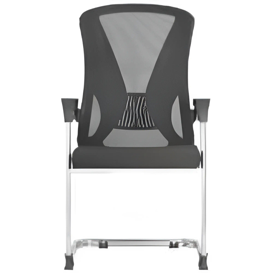 C4014B Black Mesh Visitor Office Chair by 67, featuring a black mesh back with chrome frame, ideal for educational institution seating, showcasing a ventilated design for comfort and support with a sturdy metal base and armrests.
