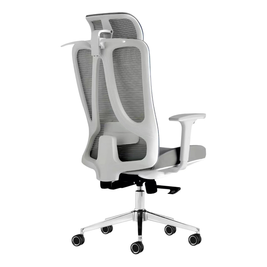 The Grey Mesh with White Frame High-back Office Chair Features a Grey Mesh Back with Headrest, White Frame and Arms, Padded Seat, and Chrome Base with Nylon Castors.