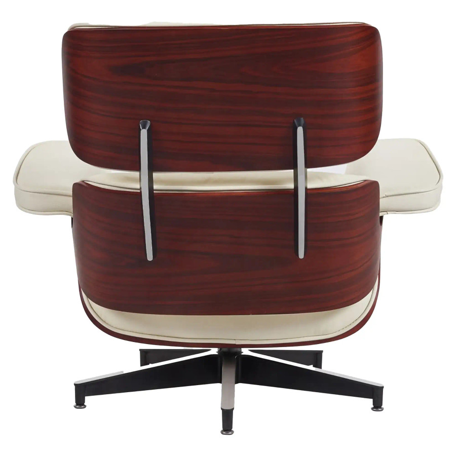 The Walnut Genuine Leather with Aluminium Frame Eames Leisure Chair and Footstool Features Genuine Leather Upholstery, a Walnut Wooden Frame, and an Aluminium Star Base. Available in Black, White, and Grey.