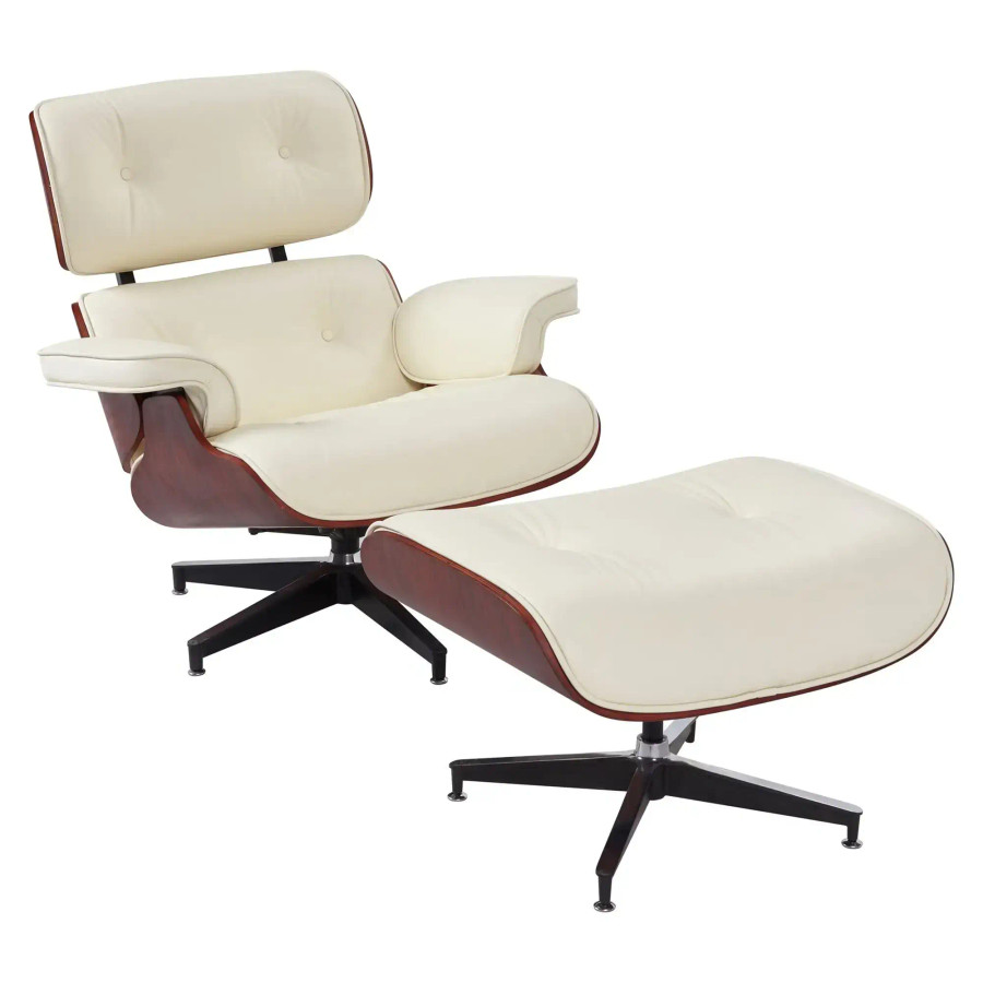 The Walnut Genuine Leather with Aluminium Frame Eames Leisure Chair and Footstool features genuine leather upholstery, a walnut wooden frame, and an aluminium star base. Available in black, white, and grey.