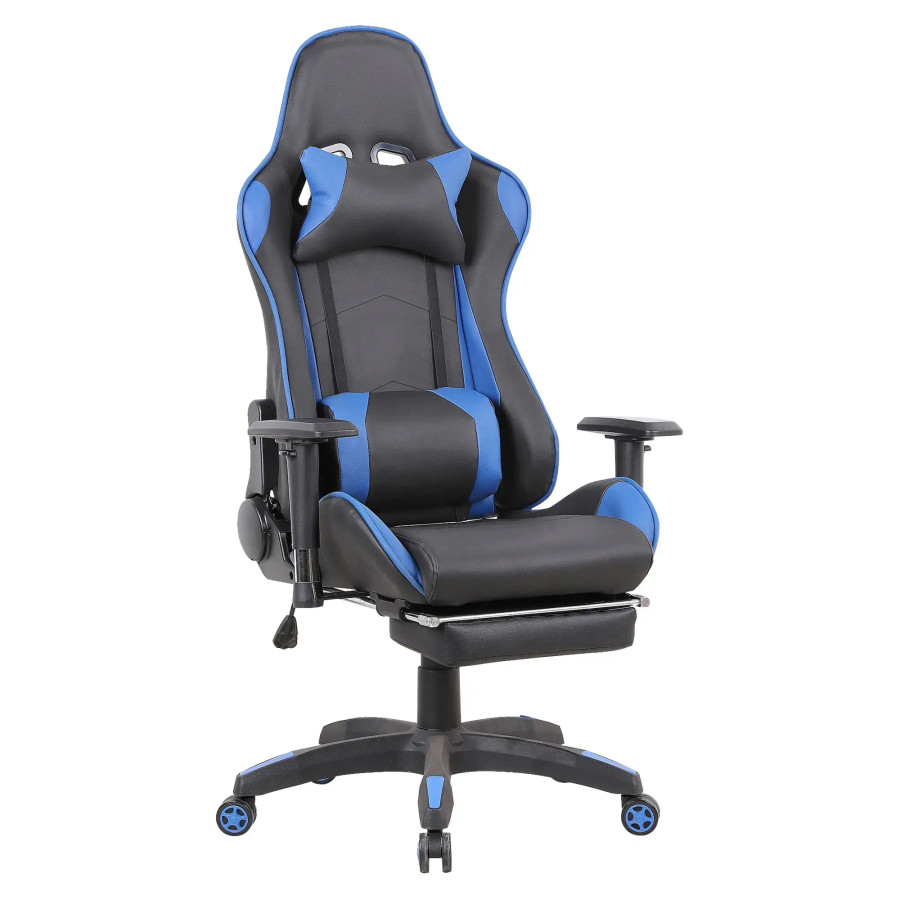 A sporty PU leather gaming-style office chair with adjustable reclining backrest and moulded foam seat. Features 2D adjustable armrests, integrated footrest, and heavy-duty base