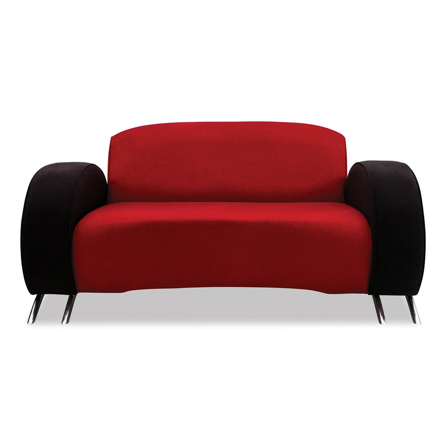 Komodo Sofa Double Seater, modern red and black fabric sofa with curved armrests and metal legs.