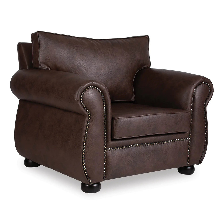 Lima Sofa Chair FUR-SCH-LIM, stylish brown leather armchair with nailhead trim and plush back cushion.