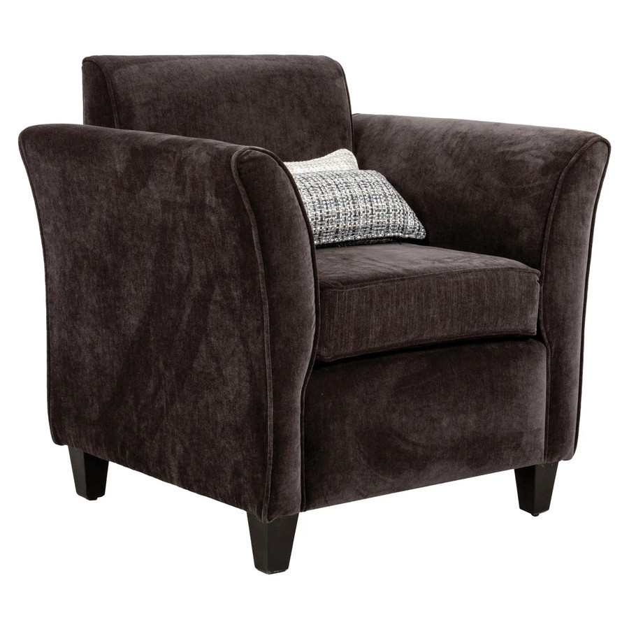 London Single Occasional Chair FUR-OCC-LON, dark brown plush upholstered armchair with curved arms and wooden legs.