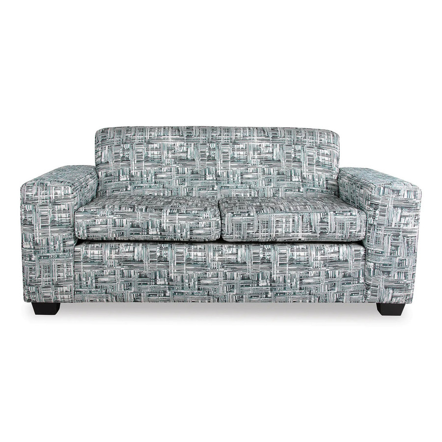 Oslo Sofa Double Seater FUR-SDS-OSL, modern sofa with patterned fabric upholstery in geometric black, white, and gray design, sturdy black wooden legs, comfortable cushioned seating.