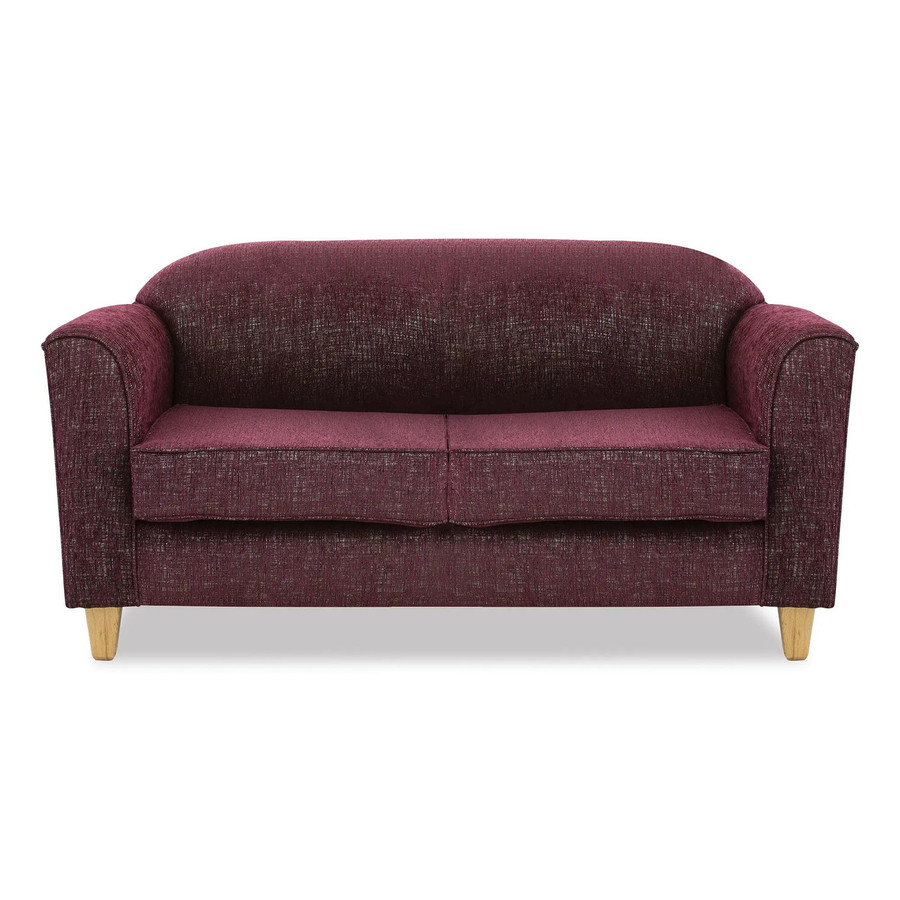 Zanzibar Sofa Double Seater FUR-SDS-ZAN, a modern maroon fabric sofa with wooden legs and cushioned backrest for comfortable seating.
