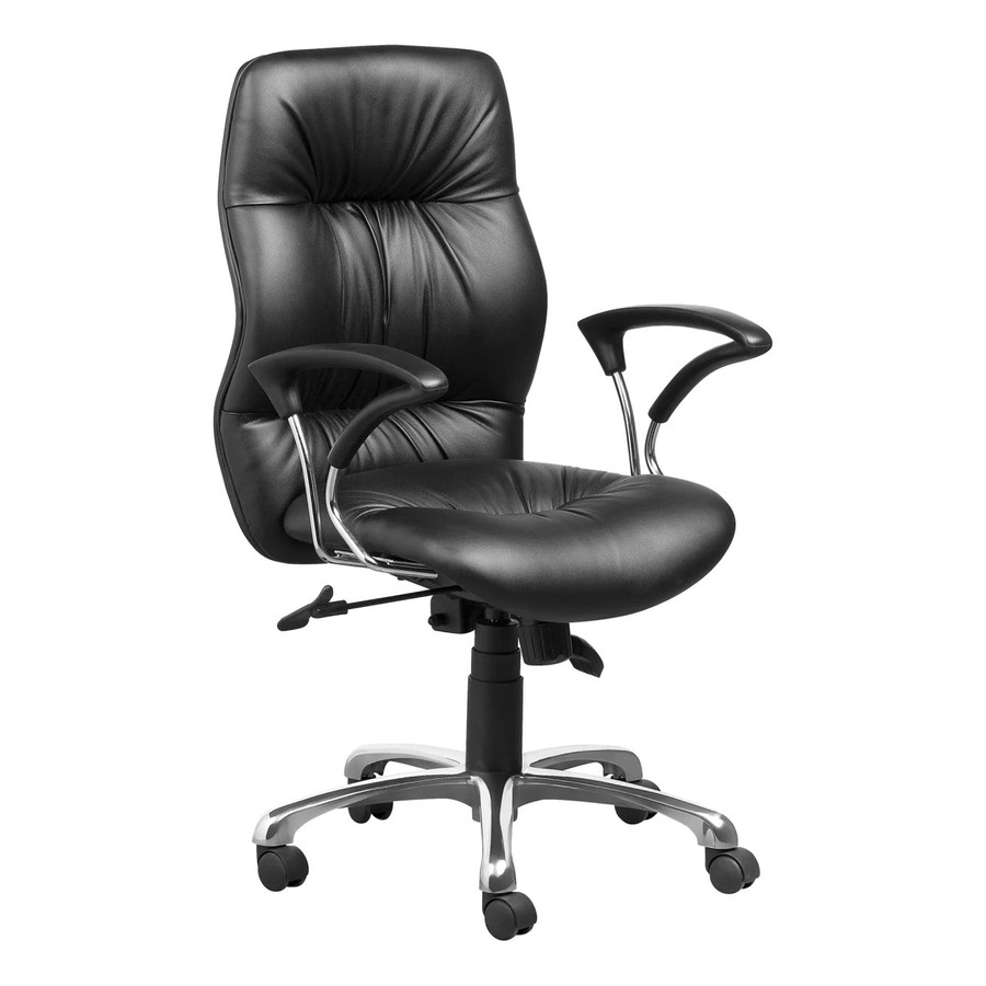 Jasmin Medium-back Office Chair COF-MCH-JC5, a black leather ergonomic office chair with padded high backrest, adjustable armrests, and a chrome five-star base with casters for mobility.