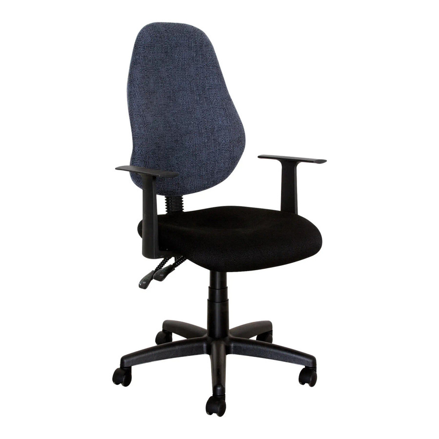 Lucea 1500 Typist Office Chair SAC-TC-L1500, ergonomic black and blue fabric office chair with adjustable armrests and padded seat with a five-star wheeled base