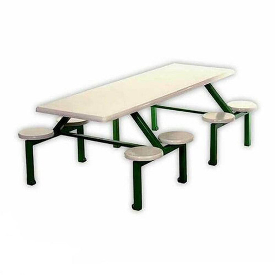 Eight-Seater Canteen Rectangular Stool Set DS8, a durable cafeteria furniture with a white rectangular tabletop and green steel frame supporting eight attached round stools for convenient seating.