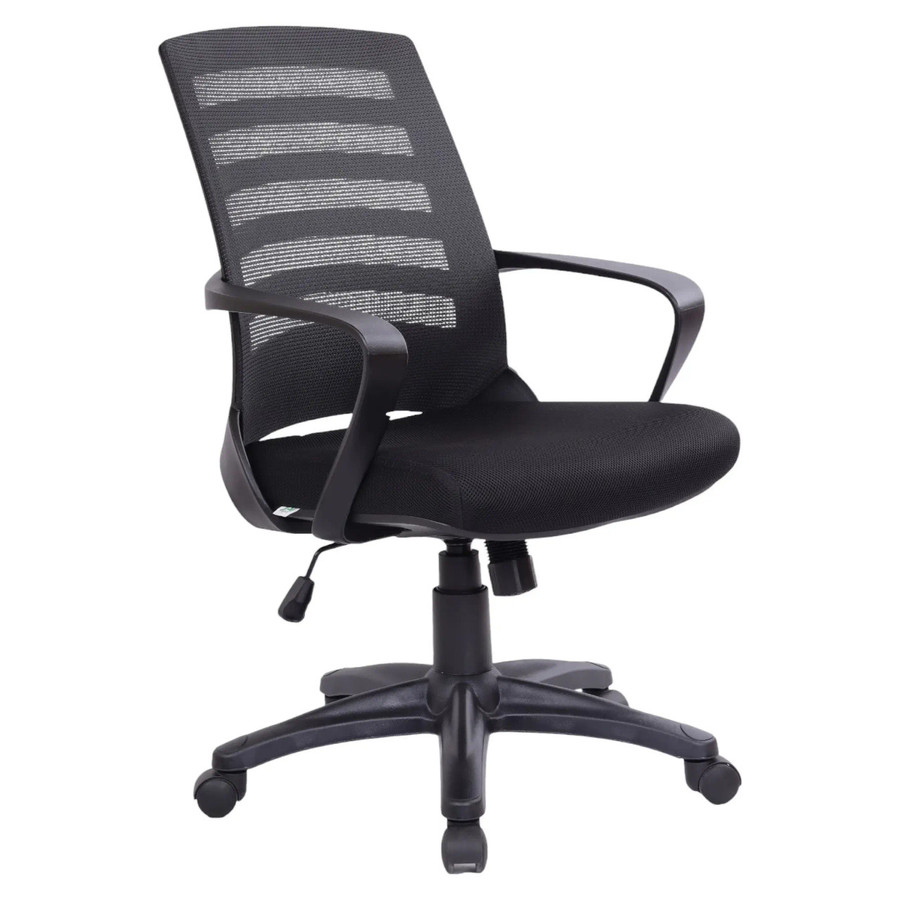 Nite Operators Chair, ergonomic black office chair with mesh backrest, cushioned seat, adjustable height, and rolling casters.