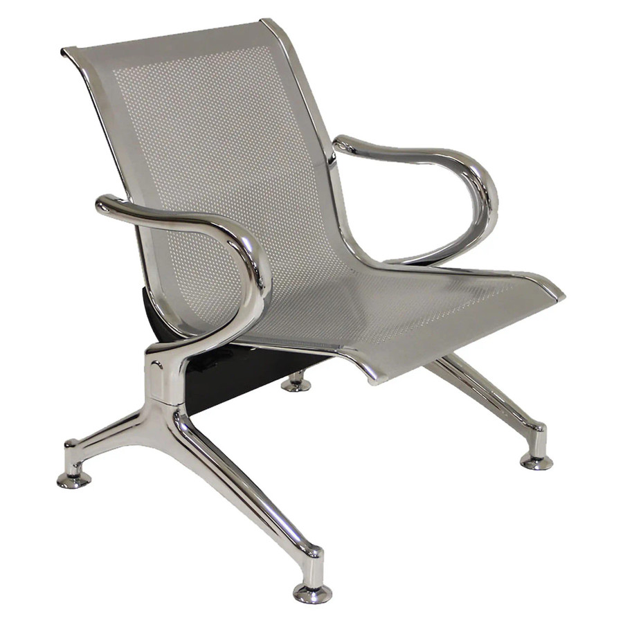 Heavy Duty Steel Airport Bench, durable and modern metallic airport seating with perforated metal seat and backrest with chrome armrests and sturdy legs.