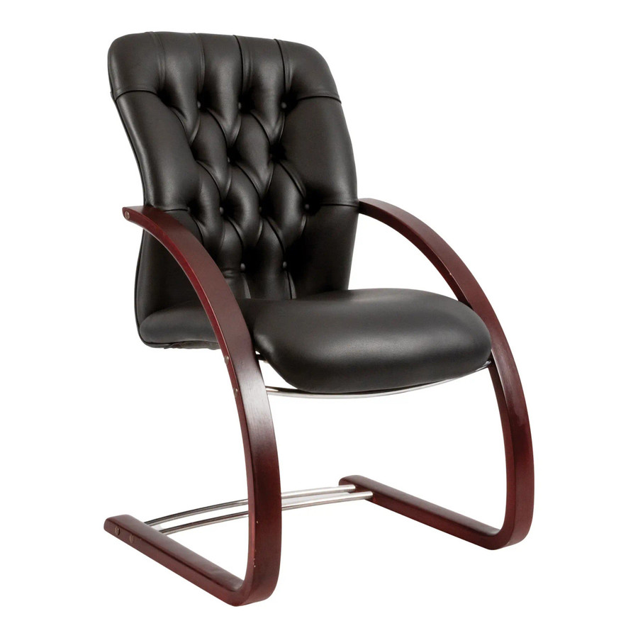 Adda Wooden Integral Sleigh Base Visitor Office Chair, black leather padded office chair with wooden sled-style base and tufted backrest.