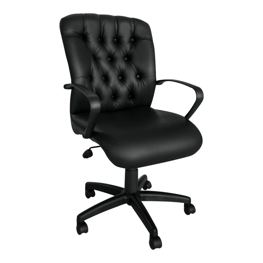 Adda Polyurethane Medium-back Office Chair, black leather executive office chair with tufted backrest, armrests, five-star base, and caster wheels.