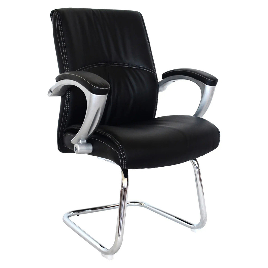 Big Guys Visitor Office Chair | JOC-VCH-CH3503, black leather ergonomic office chair with padded armrests and chrome sled base for comfortable seating and support.