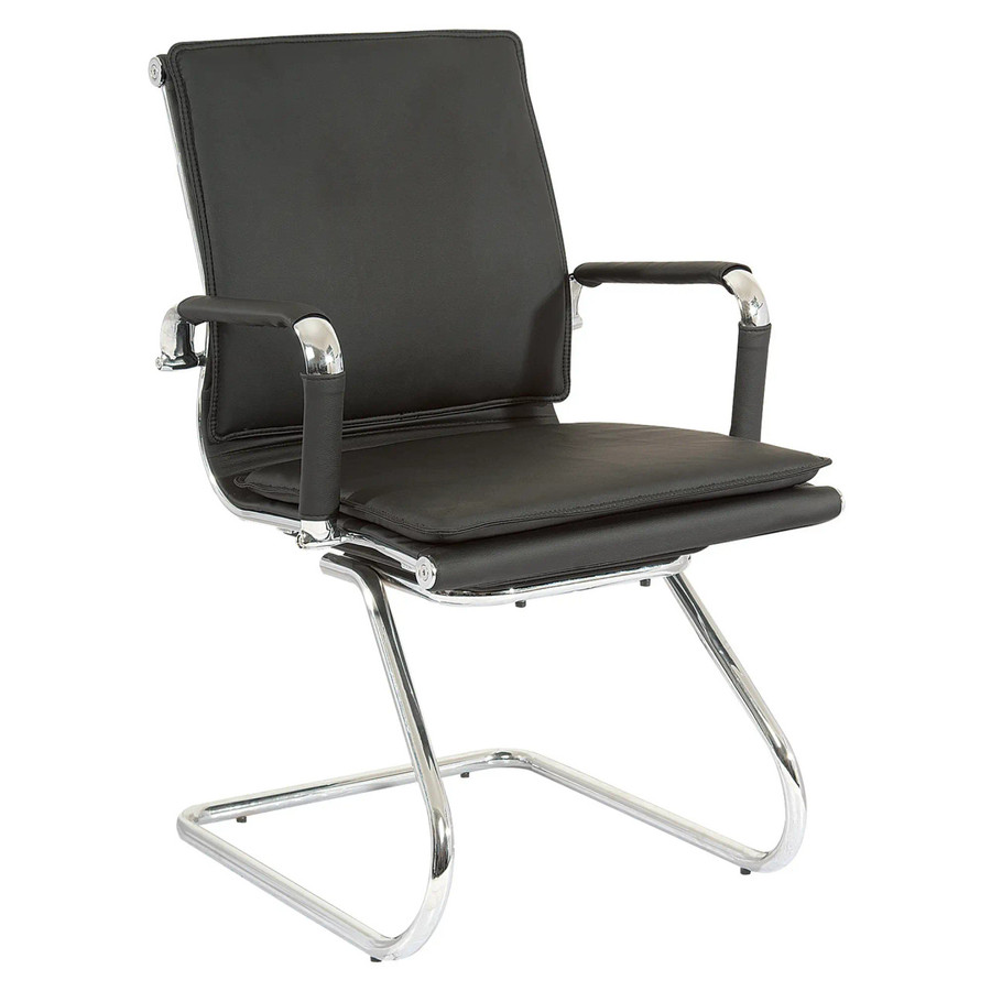 Classic Eames Flat Cushion Visitor Chair, black leather upholstered seat and backrest with chrome frame and armrests, contemporary design for office or reception area. Classic Eames Flat Cushion Visitor Chair, black leather upholstered seat and backrest with chrome frame and armrests, contemporary design for office or reception area.