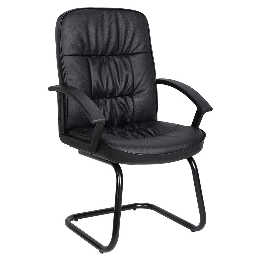 Fire Visitor Office Chair | JOC-VCH-CH2603-BL, black leather-upholstered visitor chair with padded backrest, seat, and armrests, supported by a sturdy black metal frame.