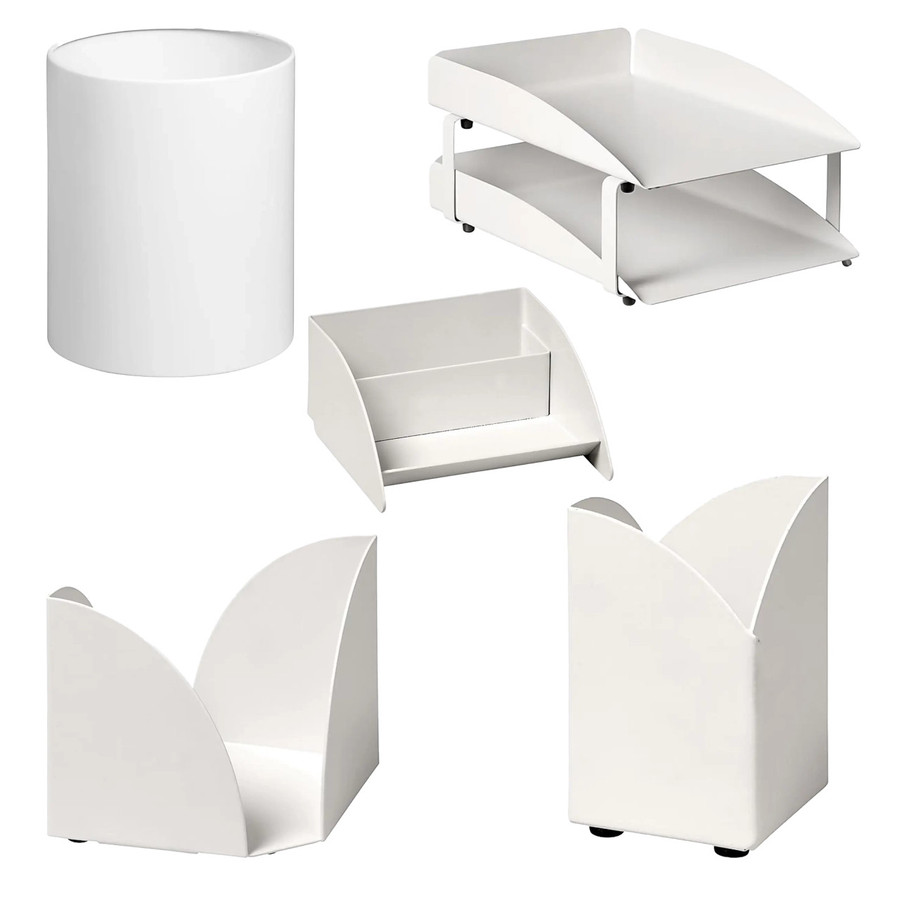 Modern Steel Two-tier Desk Set: Letter Tray, Paper Cube Holder, Pencil Cup, Business Card Holder & Waste Paper Bin