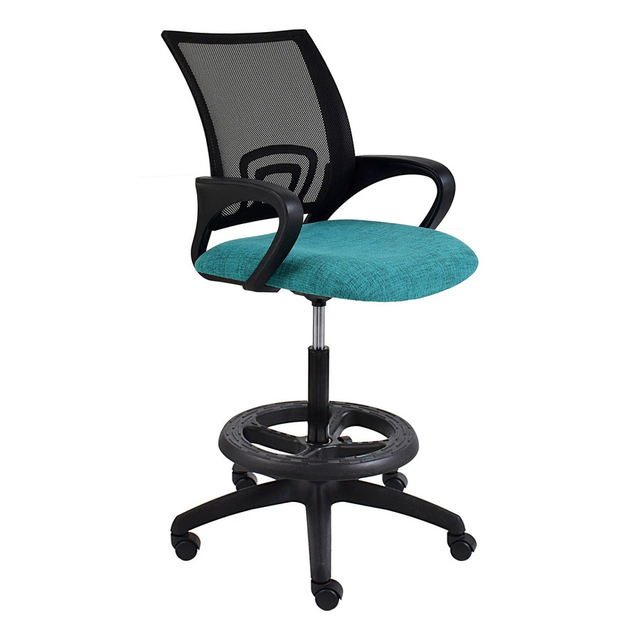 Britney Mesh Draughtsman Chair by Office Stock South Africa, featuring a black mesh back, teal seat, and adjustable seating with a gas height mechanism, on a five-legged black base with wheels.