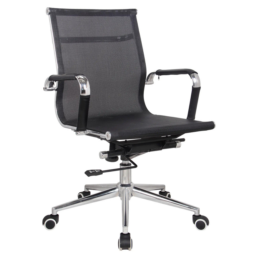 Classic Eames Mesh Medium-back Chair, ergonomic office chair with a black mesh backrest and seat, chrome accents, adjustable height, and rolling caster wheels.