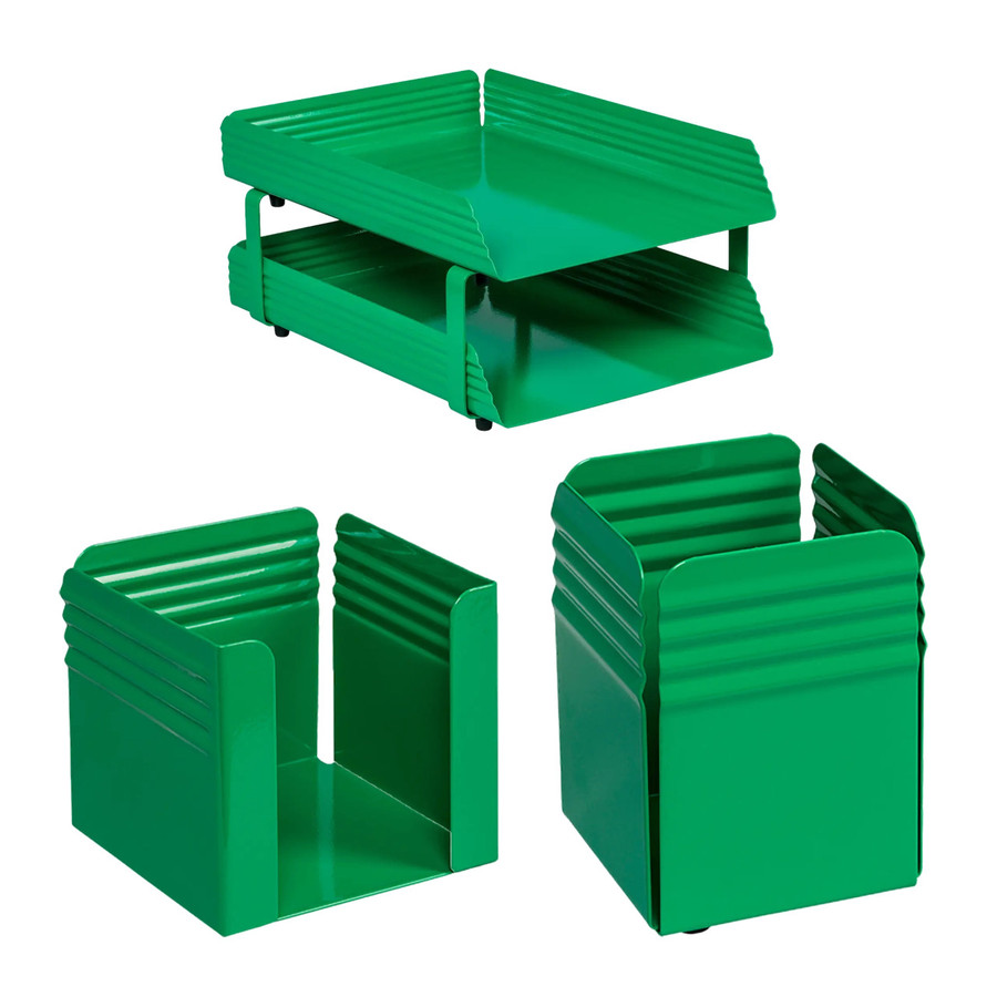 Fluted Steel Desk Set: Two Tier Letter Tray, Paper Cube Holder, and Pencil Cup