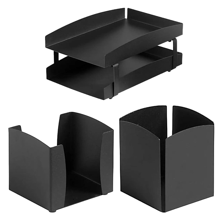 Life Steel Desk Set: Two-tier Letter Tray, Paper Cube Holder & Pencil Cup