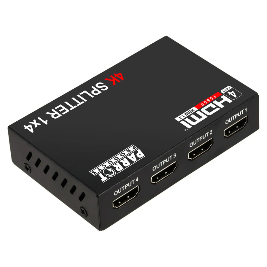 Product 1 to 4 HDMI Splitter | AD2011, black HDMI splitter device with four HDMI output ports labeled Output 1, Output 2, Output 3, and Output 4 for distributing a single HDMI source to multiple screens. Product 1 to 4 HDMI Splitter | AD2011, black HDMI splitter device with four HDMI output ports labeled Output 1, Output 2, Output 3, and Output 4 for distributing a single HDMI source to multiple screens.