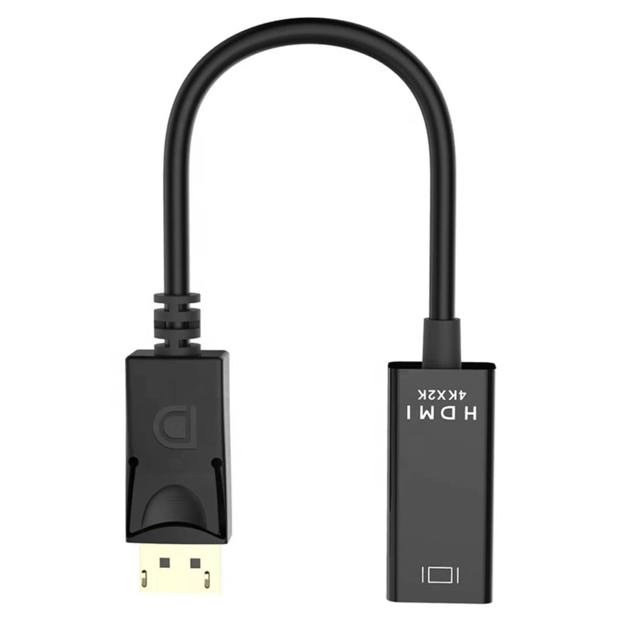 Male Display Port to HDMI Female Adapter, compact black video converter with a cable connecting DisplayPort and HDMI interfaces.