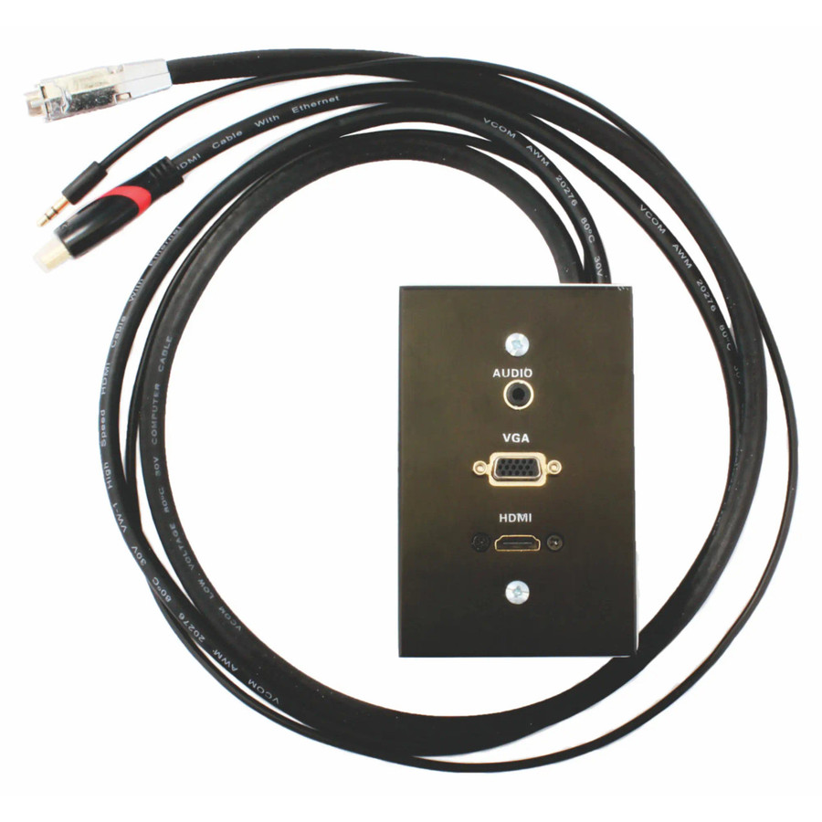 Wall Box Female HDMI | VGA | Aux | Ethernet | USB A Port | AD4001, black wall-mounted panel with HDMI, VGA, audio, and Ethernet ports connected to various cables. Wall Box Female HDMI | VGA | Aux | Ethernet | USB A Port | AD4001, black wall-mounted panel with HDMI, VGA, audio, and Ethernet ports connected to various cables.