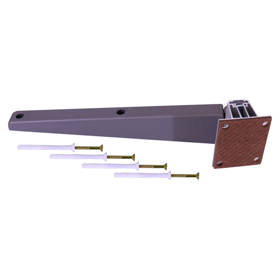 Grey Plastic Hinge and Aluminium Mounting AL0320, image showing the hinge with screws and mounting plate separated from the hinge.