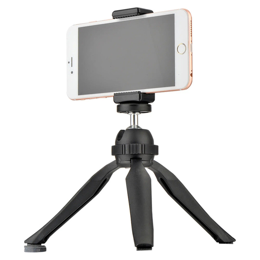 Mini Tripod 130mm - Black AL6100, compact black tripod holding a smartphone for stable photography or videography.