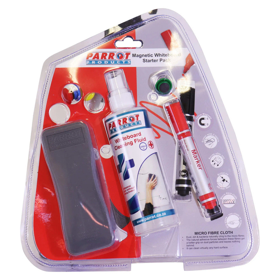 Magnetic Whiteboard Cleaning Starter Pack, includes cleaning liquid, marker, eraser, and microfibre cloth for whiteboard maintenance.