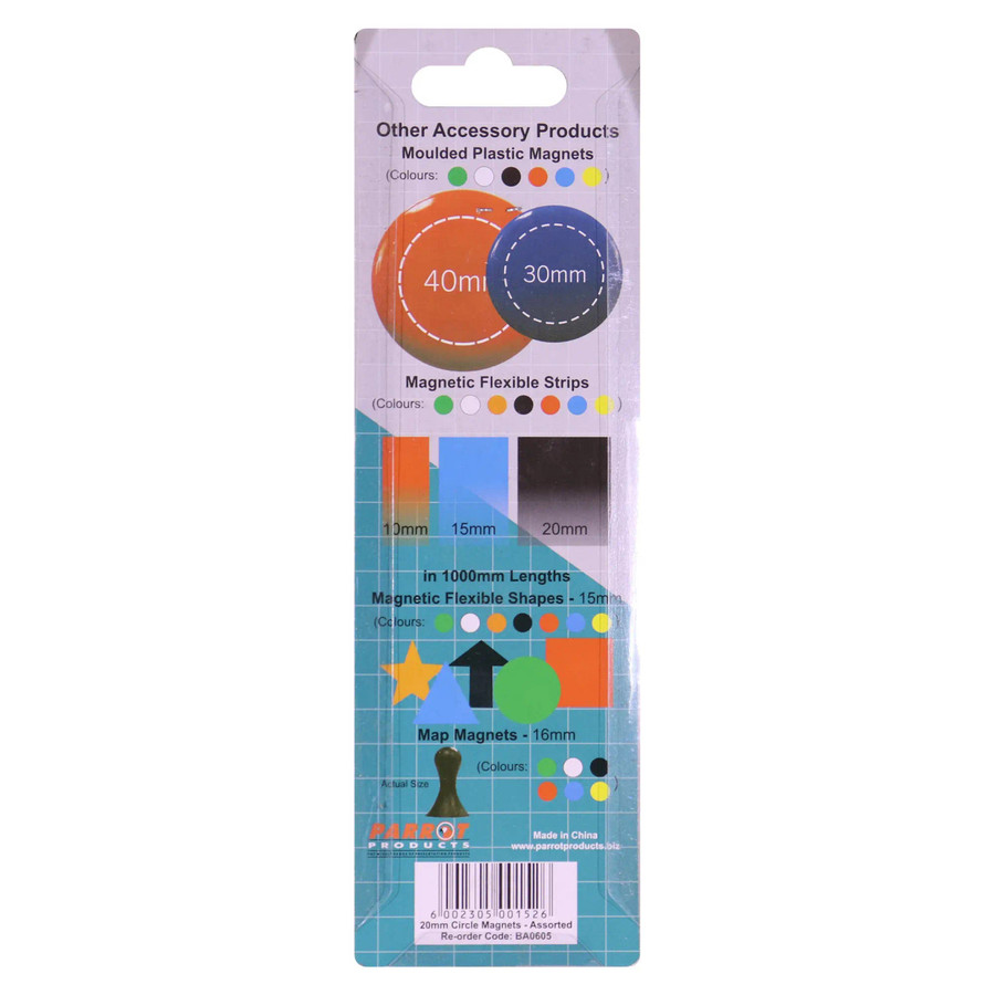 Circular Magnets, 6 per card assorted size 20mm, product BA0605 for crafting and organizing uses.