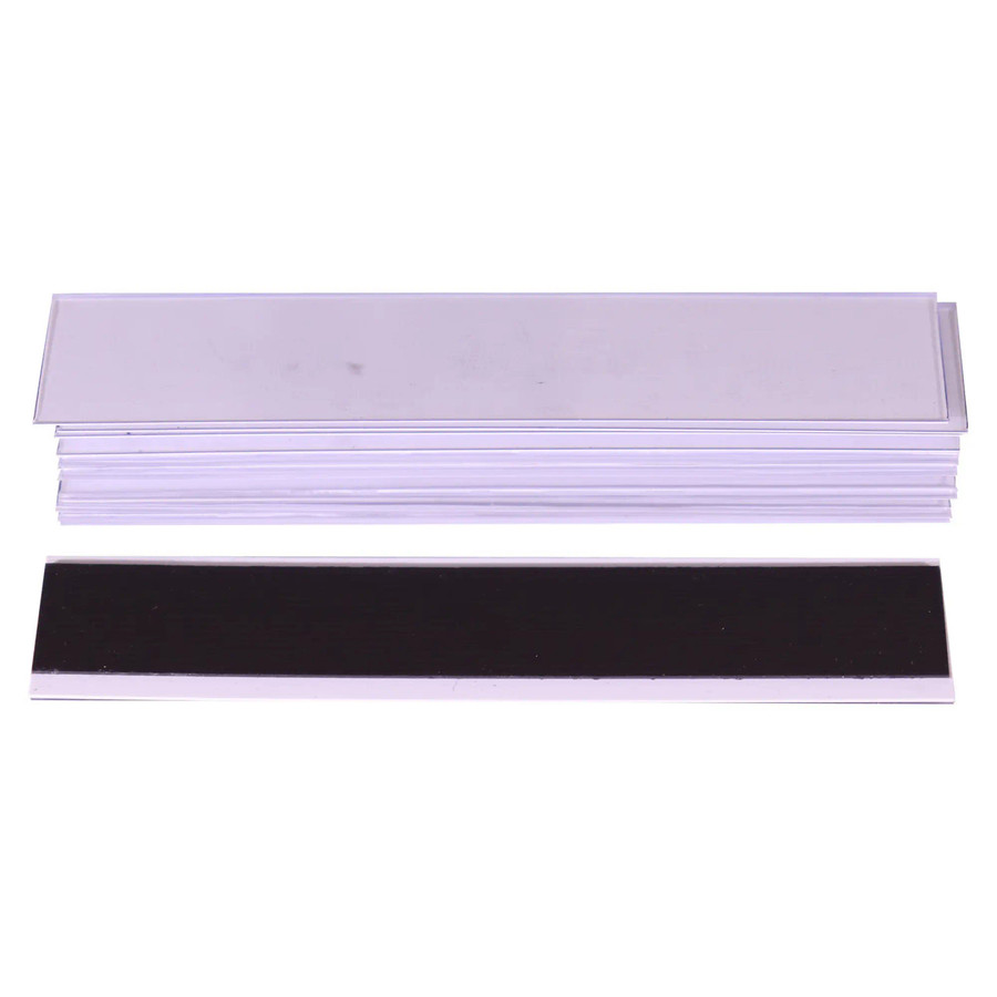 Magnetic Label Carriers (20*100mm - 10 Pack), product image showing ten white magnetic label carriers with black label insert for organizing items.
