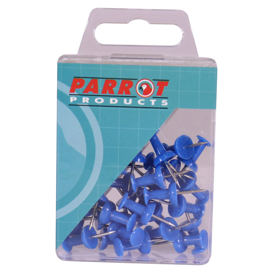 Push Pins (Boxed 30 - Blue) BA3001D, close-up of a transparent plastic box containing 30 blue push pins with metal pins, used for office, school, or craft projects.