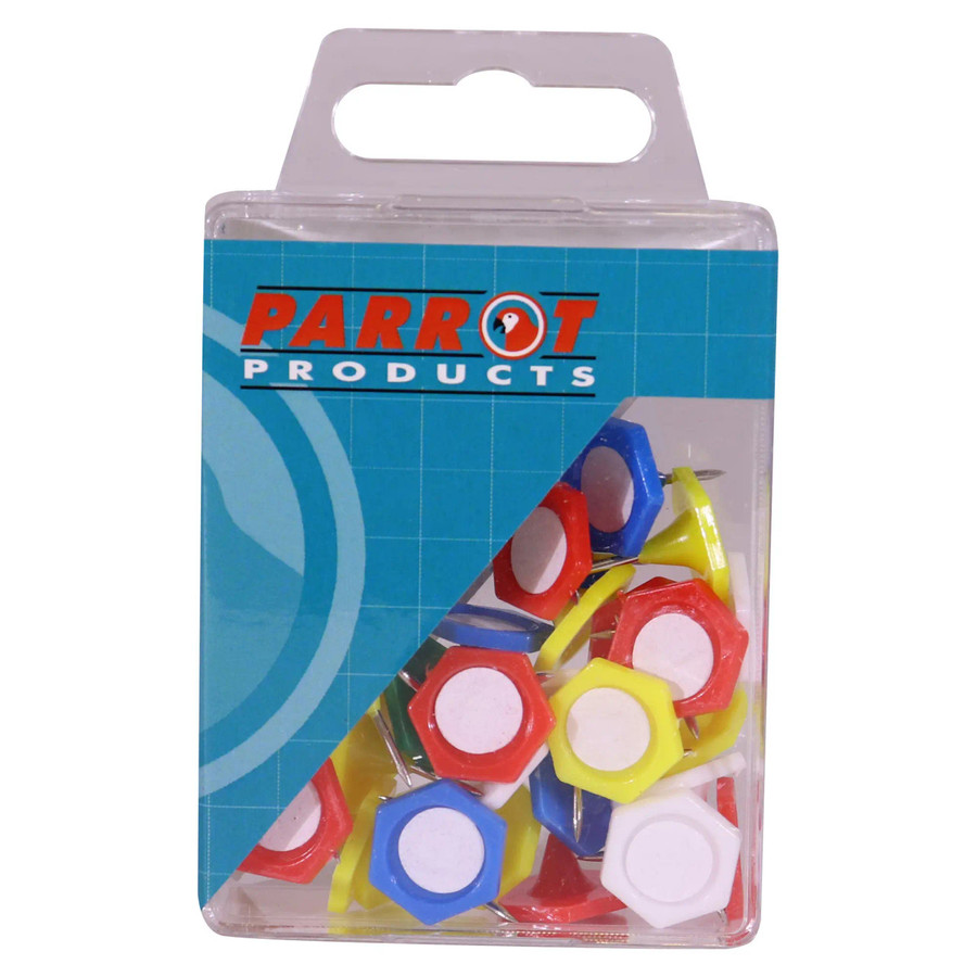 Hexagonal Pins, Boxed 30 - Assorted, colorful hexagonal pins with metal backing inside a transparent plastic container.