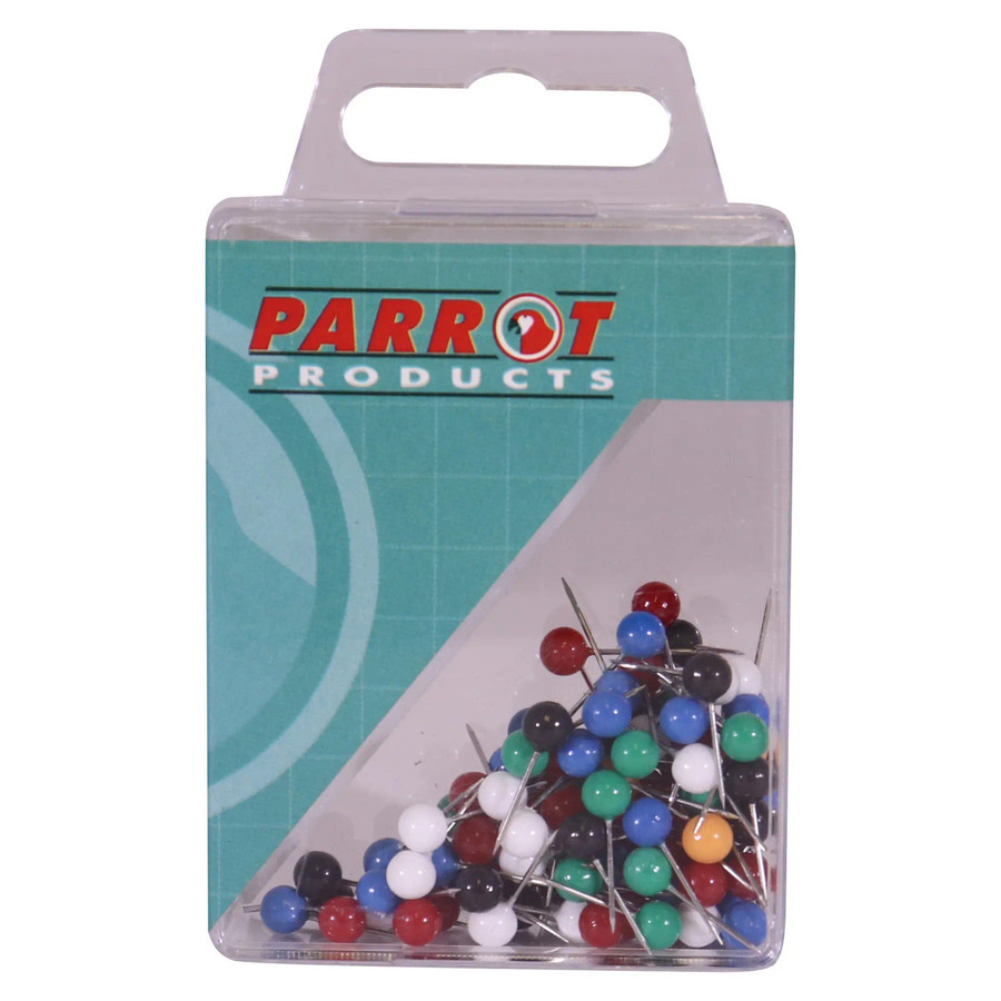 Map Pins (Boxed 100 - Assorted) BA3005, practical assorted color map pins in a clear plastic container for office or crafts.