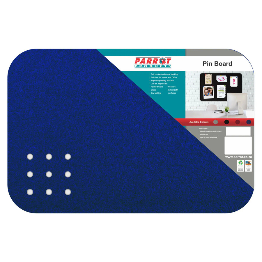 Adhesive Pin Board, No Frame - 600x450mm - Blue, with seven white pins and displayed on a product label