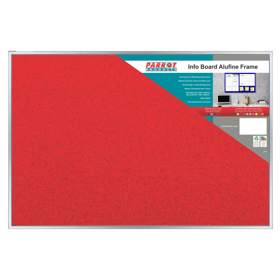 Product Info Board Alufine Frame (600 x 450mm - Red), a large red notice board with aluminum frame suitable for schools, offices, and home use.