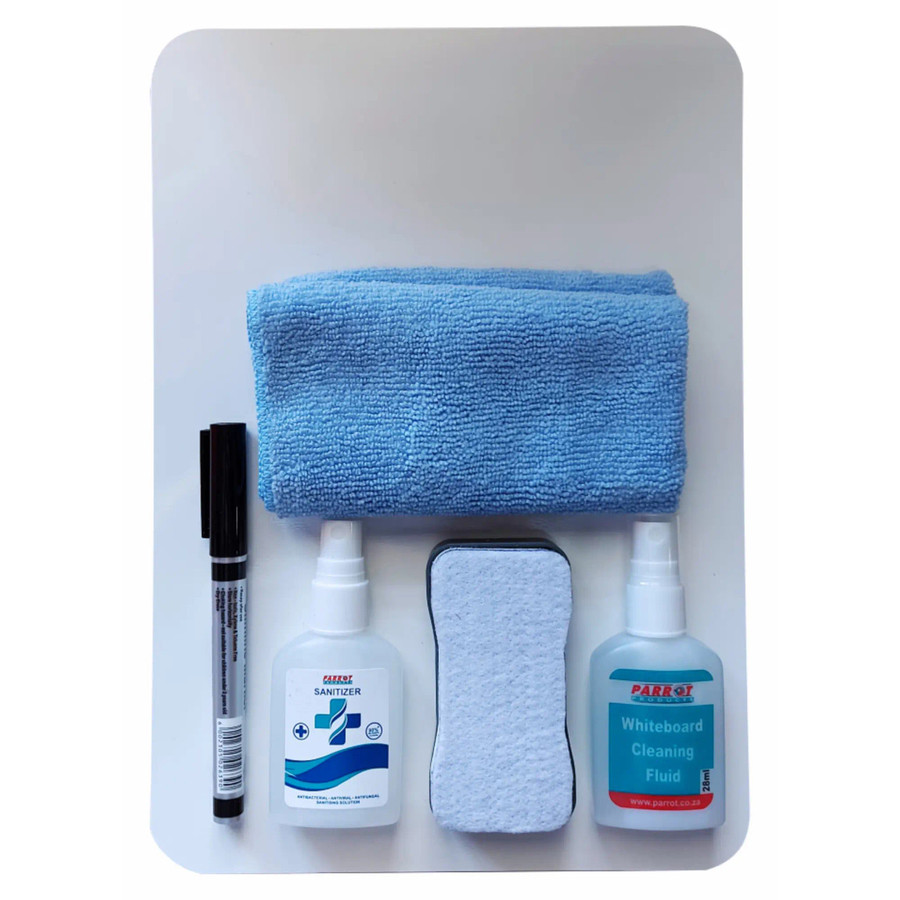 Writing Slate Markerboard Starter Pack 297 x 210mm, includes a blue microfiber cloth, two spray bottles for sanitizer and cleaning fluid, a black marker, and a white eraser.