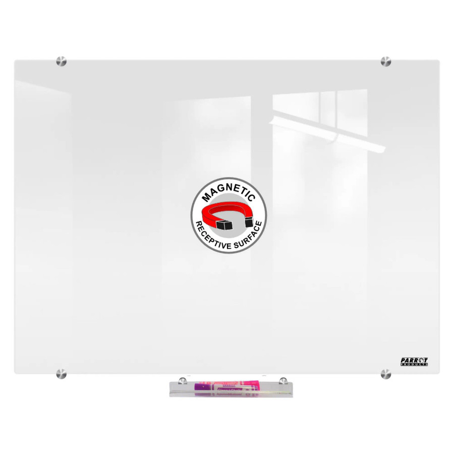 Magnetic Glass Whiteboard (900*600mm) BD1725, a sleek glass whiteboard with a magnetic surface and a marker tray at the bottom.
