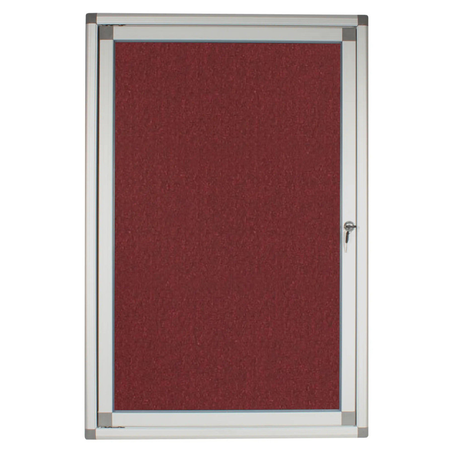 Hinged Pinning Display Case, 900 x 600 mm Burgundy Colour with Metal Frame and Lockable Door for Wall Mounting.