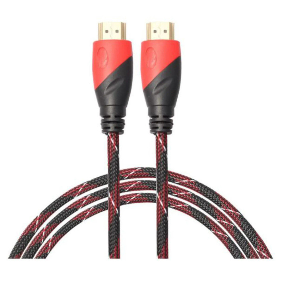 Braided HDMI Cable 7 Meters, close-up of the red and black braided HDMI cable with gold-plated connectors. Braided HDMI Cable 7 Meters, close-up of the red and black braided HDMI cable with gold-plated connectors.