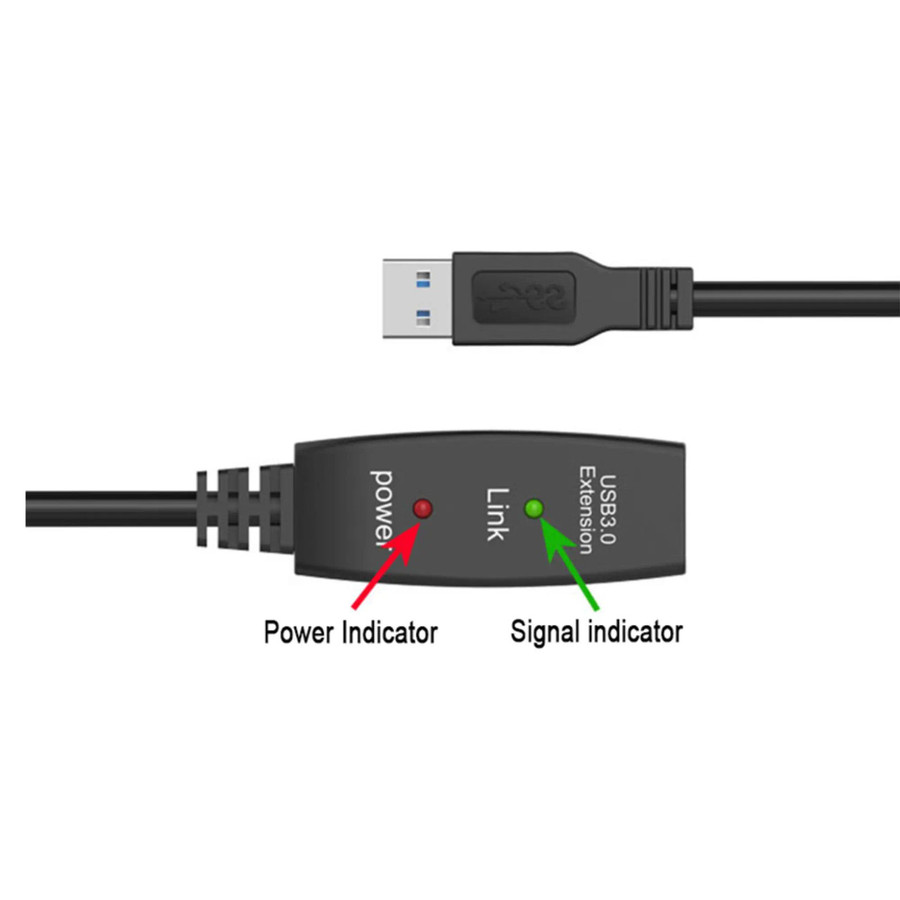 USB 3.0 Active Extension A-Male to A-Female 5M Cable, black USB extension cable with LED indicators for power and signal efficiency.