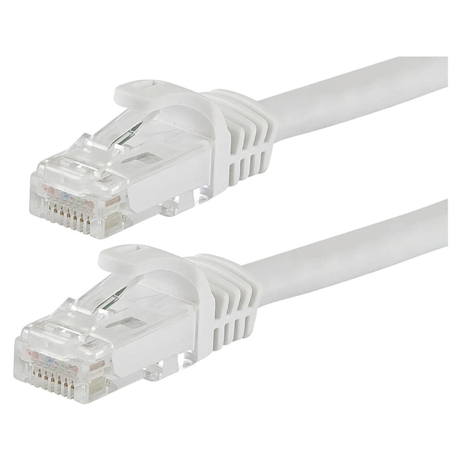 Network Cable (Cat 6 - 10 Metres) CL3010, Close-Up of Two White Ethernet Cables with RJ45 Connectors for High-Speed Internet and Network Connections.